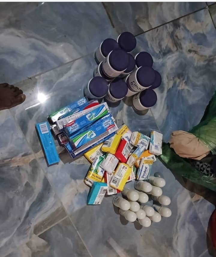 Hygiene products including toothpaste, soap, and deodorant collected for distribution by MOVSC